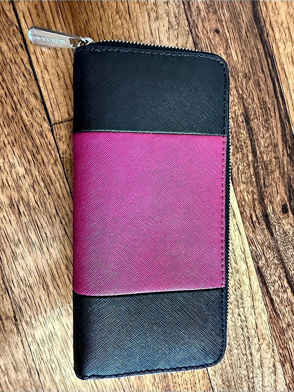 Michael Kors Color Block Zip Wallet in Black & Pink